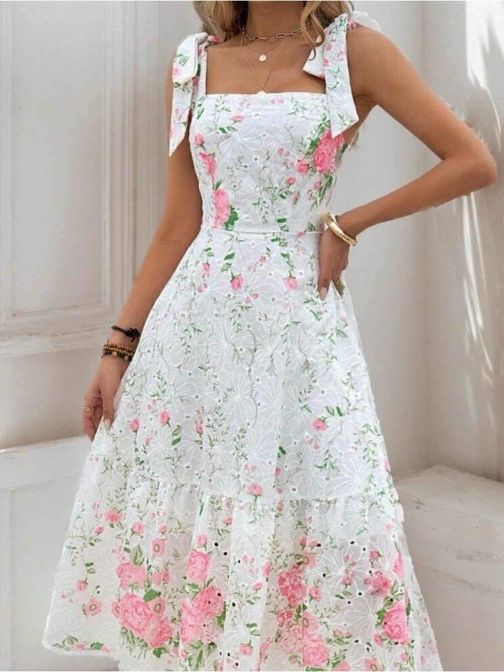 White Boho Women's Floral Print Ruffle Square Neck Spaghetti Straps Maxi Dress